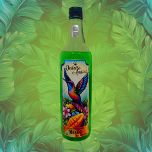 Botella grande de mango tropical Destello Andino 750mL: licor artesanal ecuatoriano para fiestas y cócteles vibrantes.